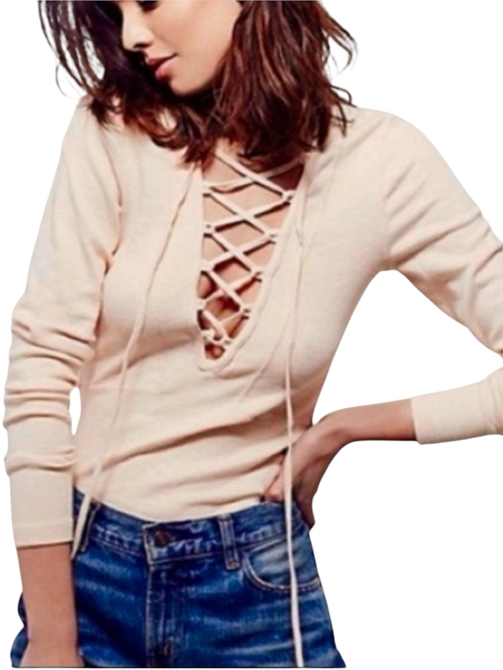 Free People Lucky Lace Up V Neck Top M Peach Cotton Knit Long Sleeve Boho Fairy